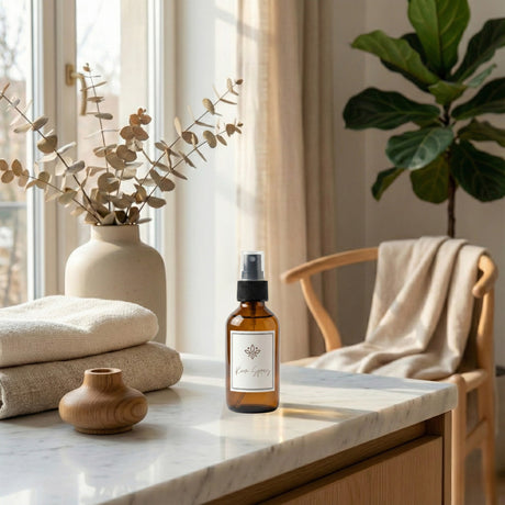 A bottle of essential oil spray on a marble surface with decorative items and a plant in the background.