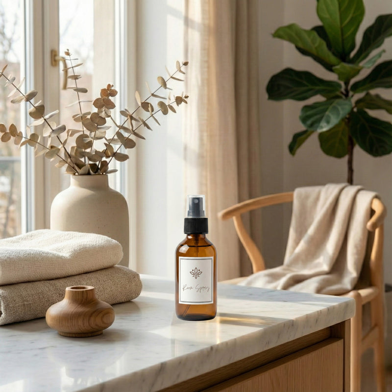 A bottle of essential oil spray on a marble surface with decorative items and a plant in the background.
