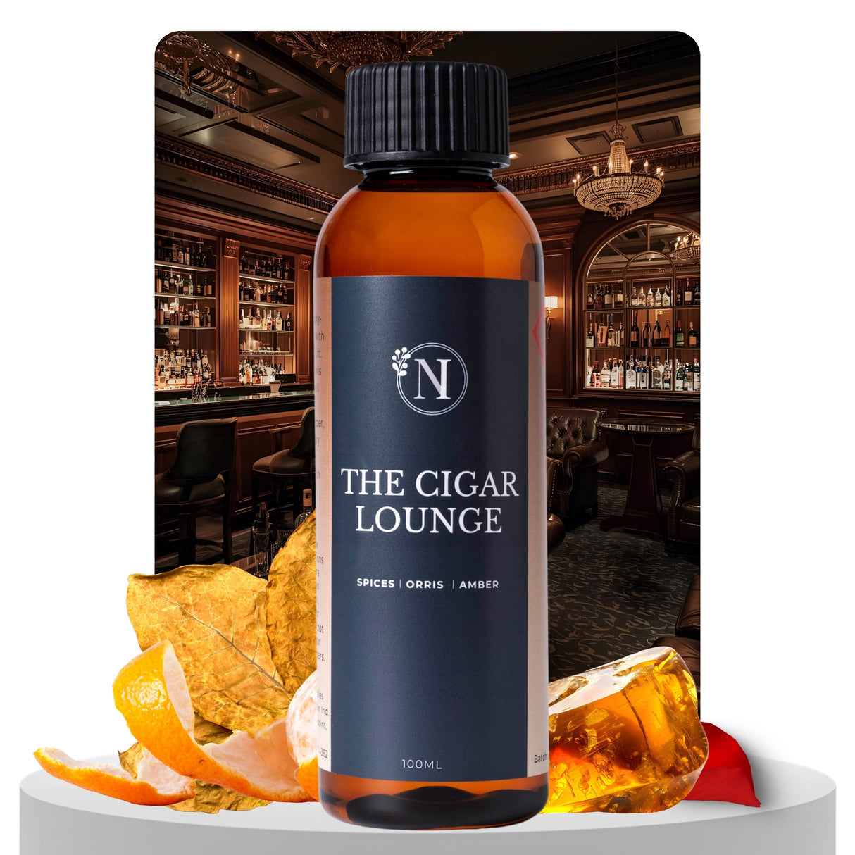 Bottle of 'The Cigar Lounge' Aroma Oil with a bar setting in the background