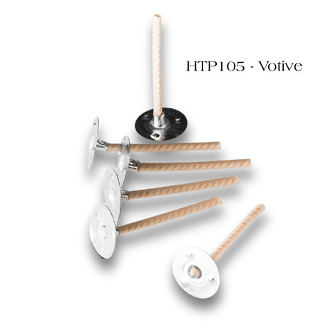 HTP 105 Votive candle wicks on a white background, labeled HTP105.