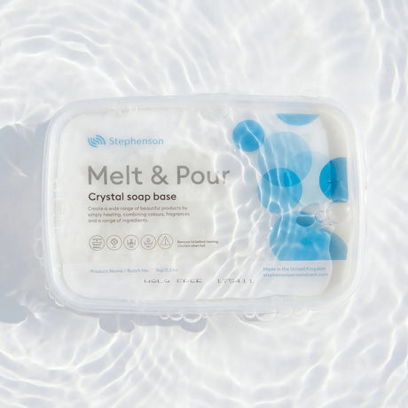 Stephenson Melt & Pour Crystal soap base packaging on a water background