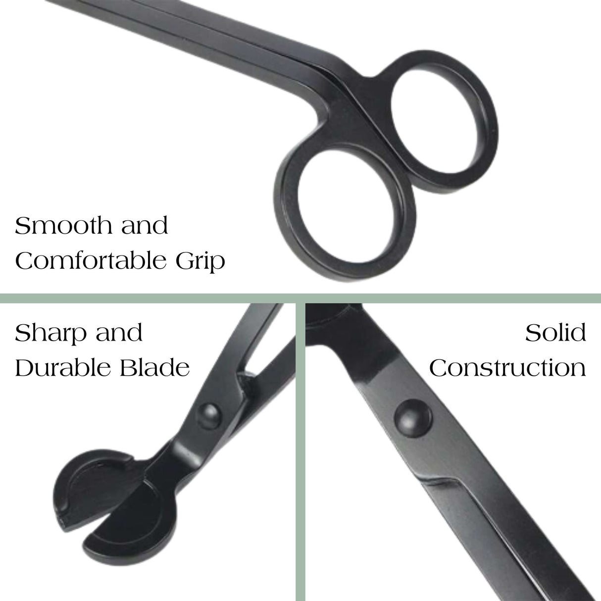 Black scissors with text highlighting features on a white background