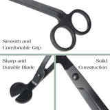 Black scissors with text highlighting features on a white background