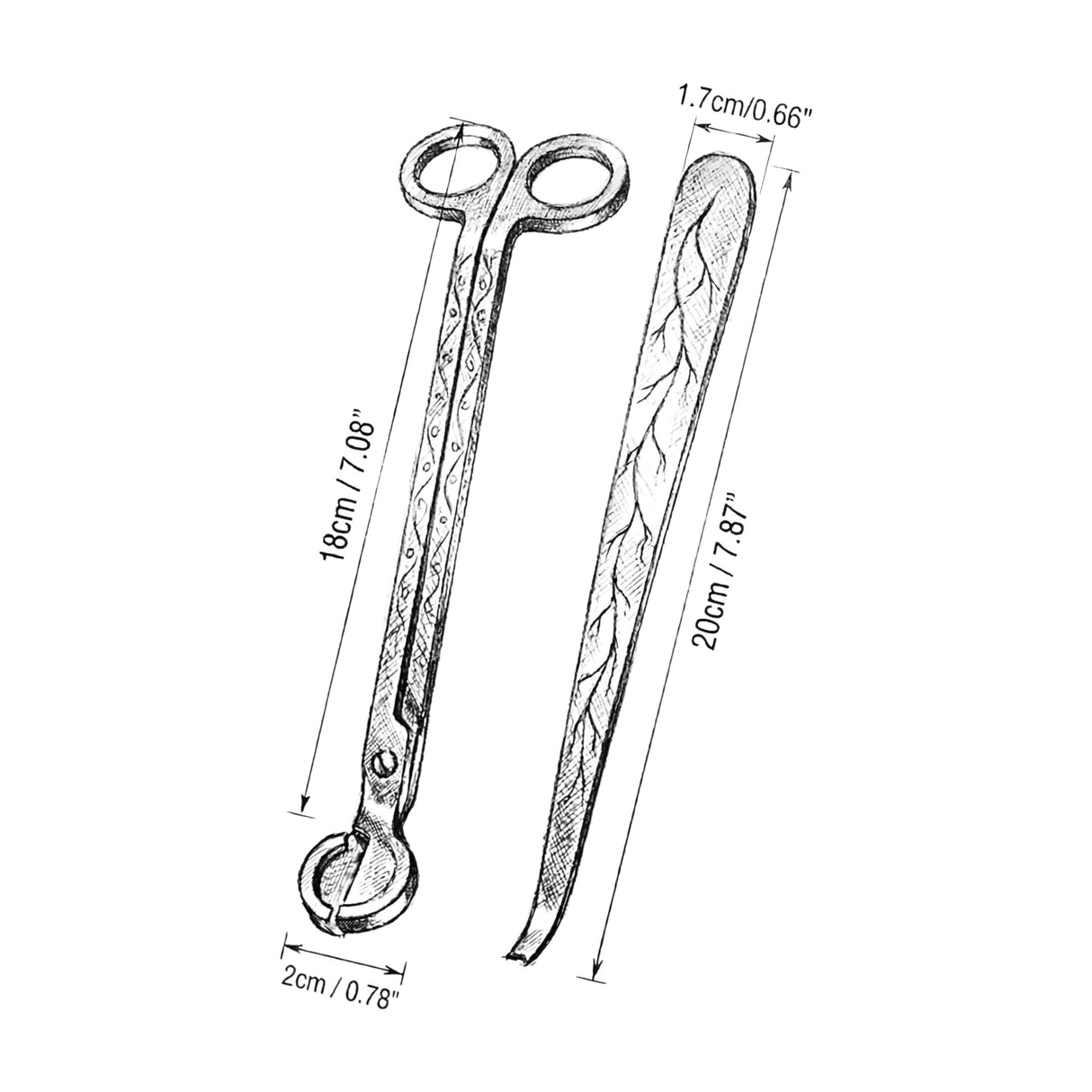 Illustration of a wick trimmer and dipper with measurements on a white background