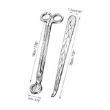 Illustration of a wick trimmer and dipper with measurements on a white background