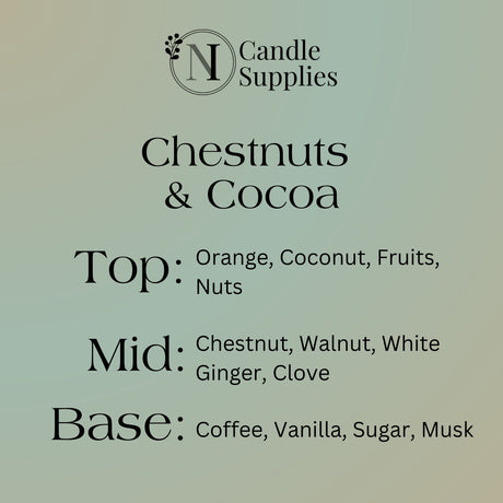 Candle supply label for 'Chestnuts & Cocoa' fragrance with notes on top, middle, and base notes.