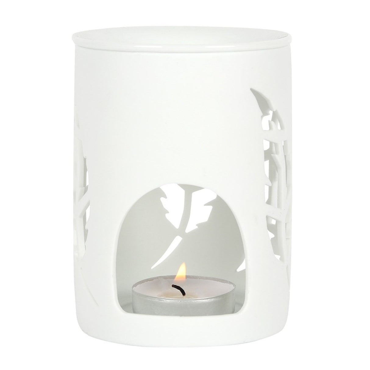 White wax melt burner with a lit tealight candle on a white background