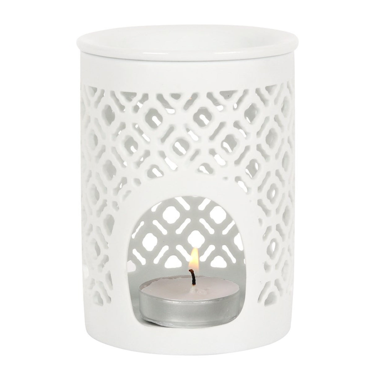 White ceramic lantern with a lit tealight candle on a white background