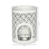 White ceramic oil burner with geometric pattern and dimensions on a white background