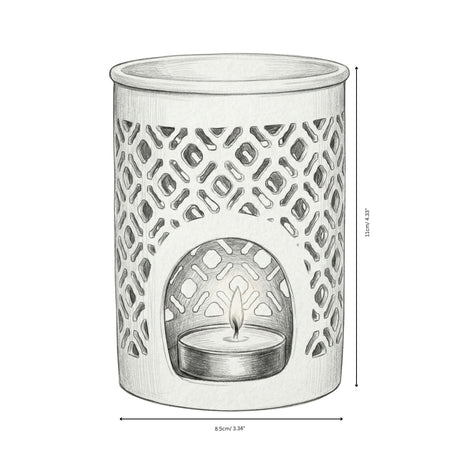 White ceramic oil burner with geometric pattern and dimensions on a white background