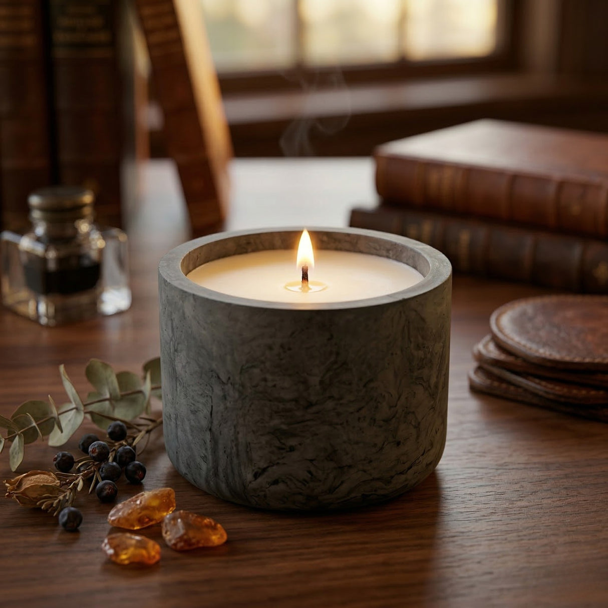 Candle in a stone holder on a wooden surface with books and decorative items in the background